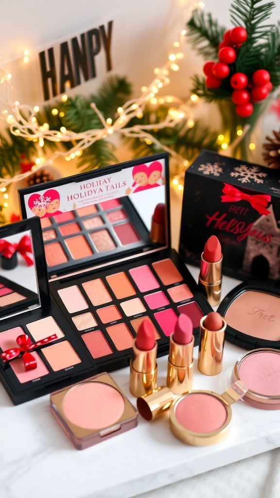 A holiday makeup set with eyeshadow palette, lipsticks, and blushes on a festive background.